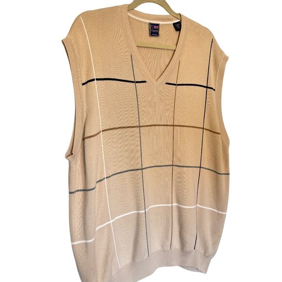 T. Harris London Beige Plaid V-Neck Sweater Vest XL100% Cotton Preppy Academia - Picture 1 of 10